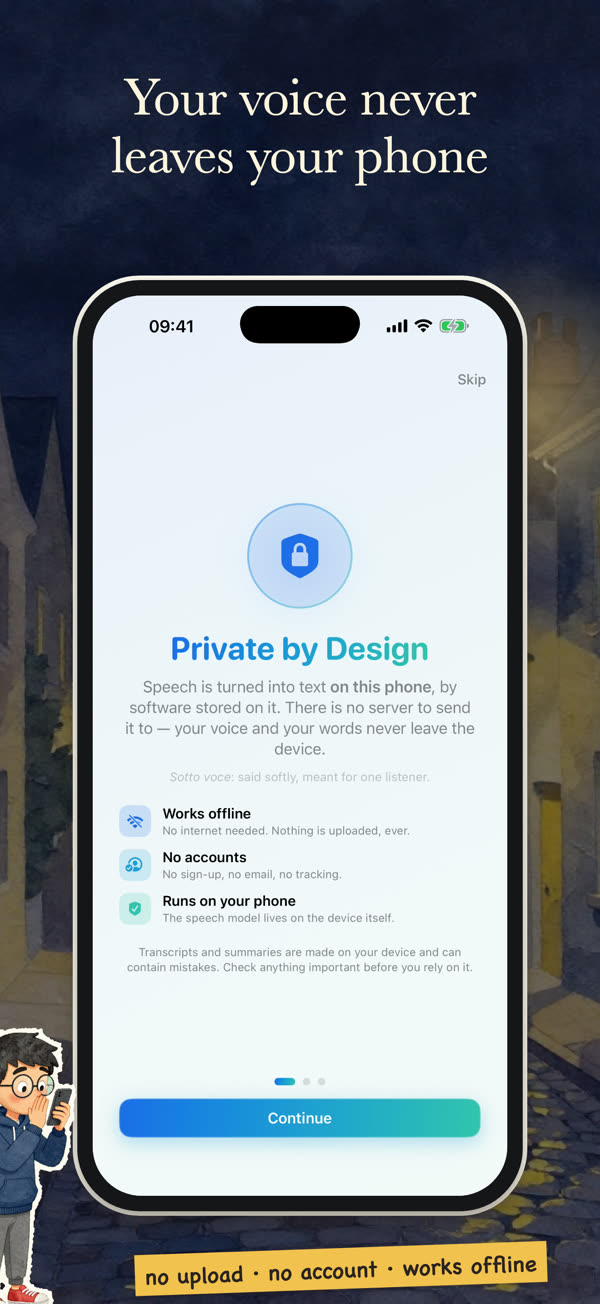 App Store screenshot: “Your voice never leaves your phone” — the app’s Private by Design screen: works offline, no accounts, runs on your phone.