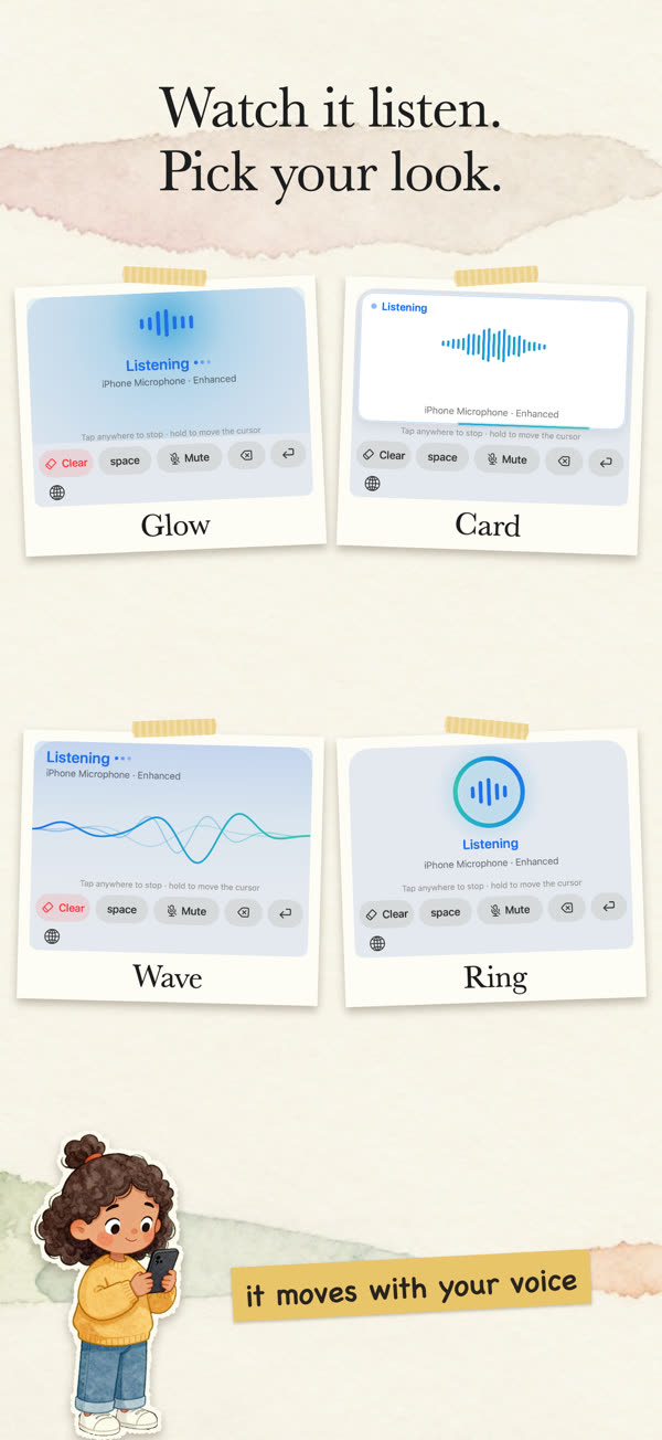 App Store screenshot: “Watch it listen. Pick your look.” — the keyboard’s four listening looks: Glow, Card, Wave and Ring.