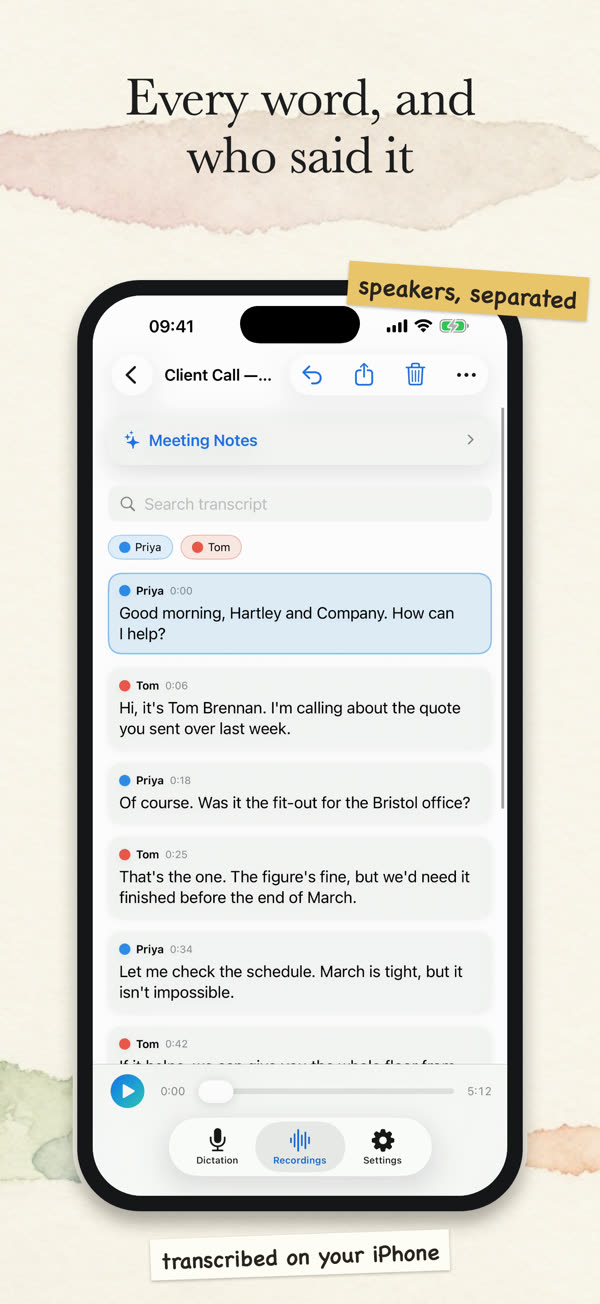 App Store screenshot: “Every word, and who said it” — a transcript of a client call with each speaker labelled.