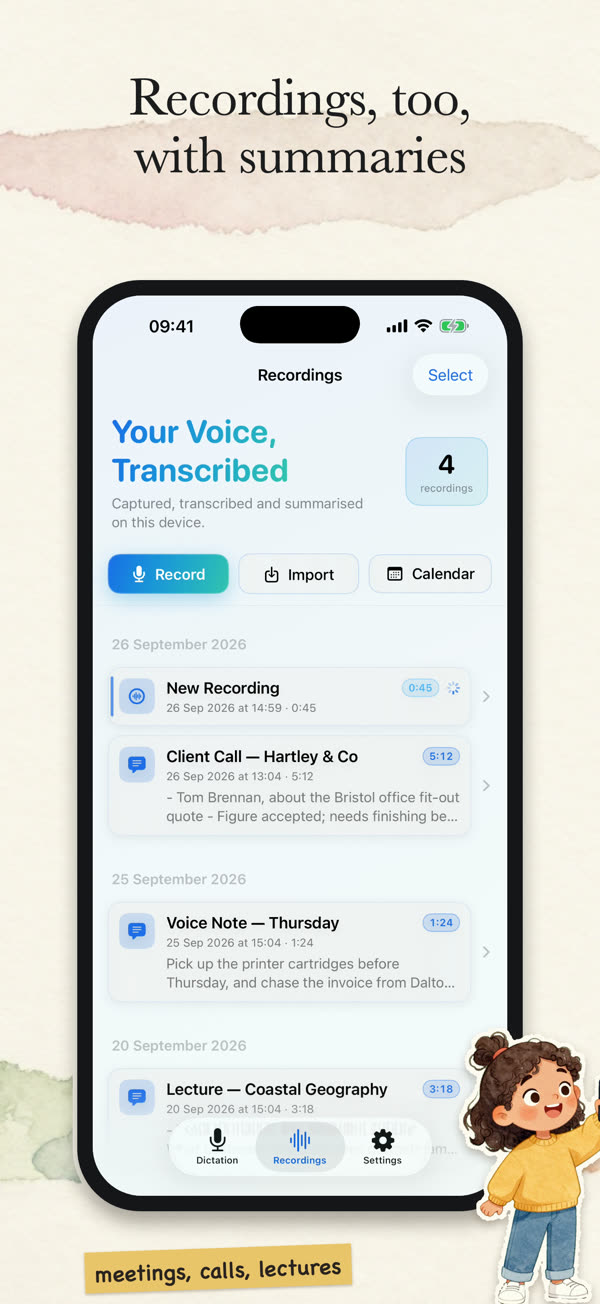 App Store screenshot: “Recordings, too, with summaries” — the Recordings tab listing a client call, a voice note and a lecture.